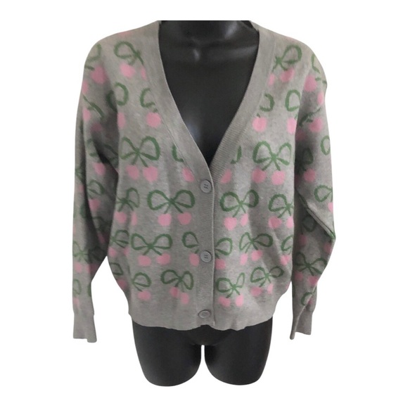 Grey and pink cherry green bow print knit cardigan sweater size XS new - Picture 11 of 14